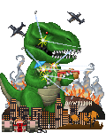 Green T-rex destroys town